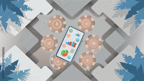 Flat illustration of financial technology ecosystem with smartphone and gear components on a puzzle background with fintech and innovation and solution