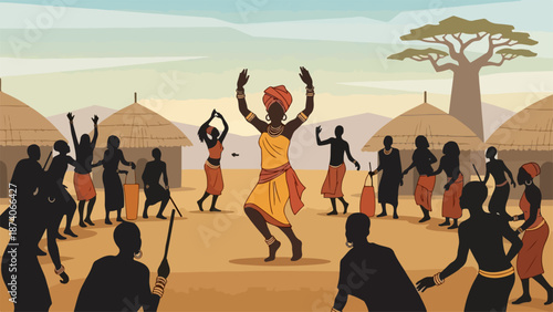 Vibrant African dance scene with people performing traditional moves in a rural village. Villagers gather around, participating in rhythmic African dance celebration.