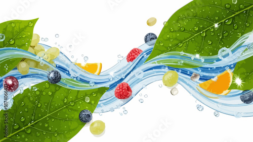 Dynamic fresh fruit water splash with juicy berries, green leaves, and citrus slices. Vibrant fresh fruit water composition includes refreshing blueberries, sweet raspberries, ripe grapes,