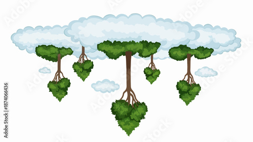 Conceptual floating island illustration with clouds and green trees. Floating island includes inverted trees, roots extending downwards, and fluffy white clouds forming ground.