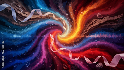 Abstract fluid art blends bright hues, flowing ribbons, glistening droplets, creating dynamic visual composition. Abstract fluid art radiates creative motion, modern artistic expression, rich texture.
