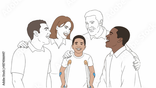 Smiling diverse community embracing young boy with crutches, happy people fostering inclusion. Diverse community offers care, standing together with disabled child, promoting unity.