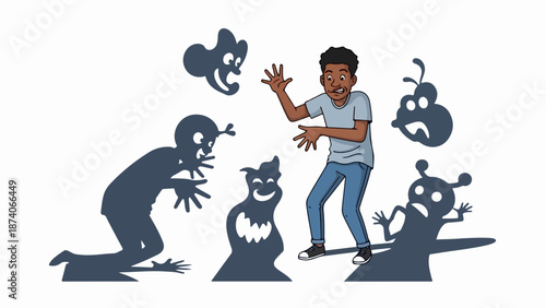 Young person showing intense fear of shadows, surrounded by spooky monster shapes and scary creature silhouettes.