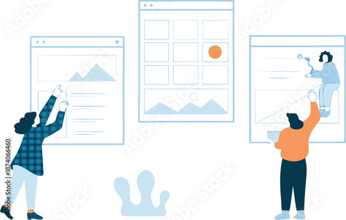 Minimal ui centric illustration of people testing and interacting with large digital screens and graphs in a modern workspace