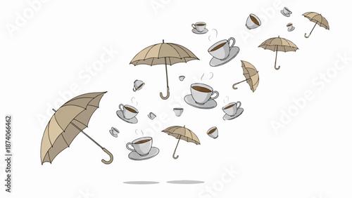 Steaming coffee cups and umbrellas float upward in playful coffee art illustration. Artwork shows hot beverages with open umbrellas in dynamic motion, creating refreshing coffee art.