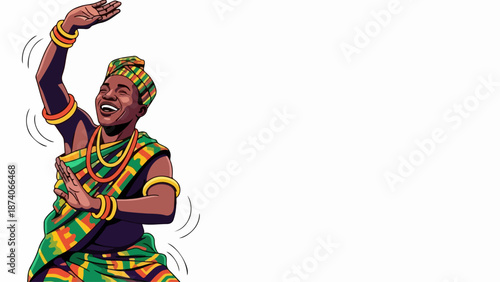 Joyful African dance by person in traditional attire, celebrating culture and rhythm. African dance features vibrant clothing and dynamic movement, expressing rich heritage.