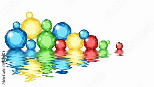 Abstract colorful figures illustrate diverse community reflecting on glossy white surface. Each bright geometric shape symbolizes unique individual contribution to inclusive diverse community.