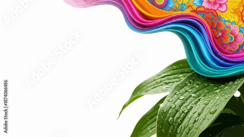 Colorful nature background with vibrant abstract wave flowing over lush green plant leaves. Detailed components include fresh water droplets on foliage, creating a dynamic colorful nature background.