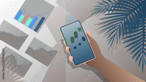 Flat vector illustration of a hand holding a smartphone with a digital investment eco system on the screen surrounded by graphs and palm leaves