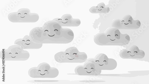 Clouds image shows smiling characters on bright light background. Clouds evoke joyful, whimsical mood, ideal for children’s designs. Conceptual clouds for educational content, apps, decor.