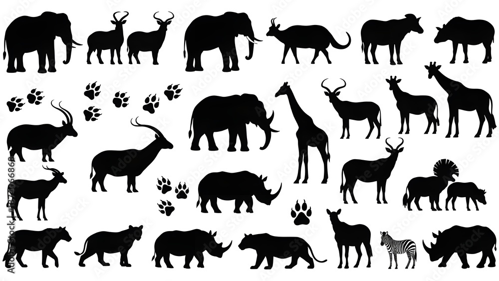 Fototapeta premium Siluetas de animales africanos con huellas. León vectorial, elefante, rinoceronte y guepardo, jirafa safari, cebra, hipopótamo, búfalo y antílope con huellas de patas y pezuñas. Rastros aislados de