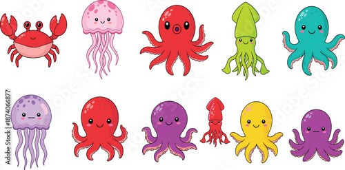 Cute Sea Animal Character Set Featuring Crab, Jellyfish, Octopus, and Squid in Kawaii Style and Vibrant Colors.