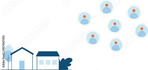 Vector artwork of a digital operations map with people icons and residential buildings for business planning and strategy