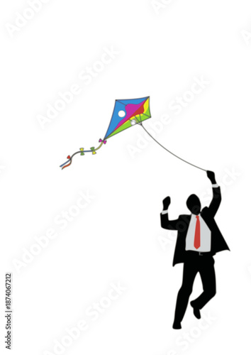 Kidulting Concept Silhouette, Business Person Flying Kite, Work Life Balance and Stress Relief, Creative Joy and Inner Child Vector Illustration