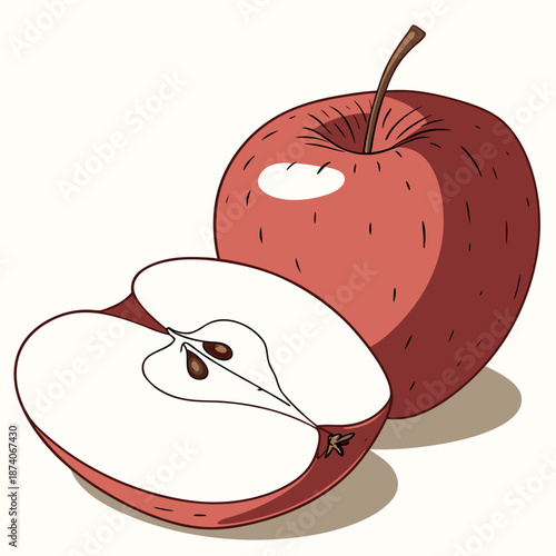 Fresh red apple with a sliced piece revealing seeds and crisp white interior