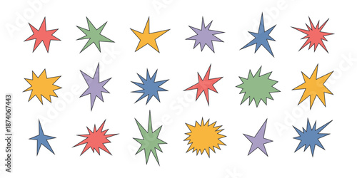 Irregular star shape icons set. Abstract starburst symbol. Color comic burst sticker. Graphic design collage element. Spiky cartoon figure. Vector illustration isolated on white background.