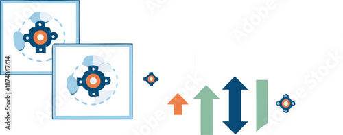 Vector illustration of machine learning optimization process with arrows and gears on white background for business