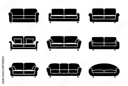 Collection of black silhouette sofas and couches in various styles and sizes a white background furniture