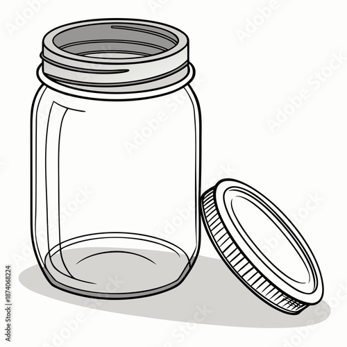 Empty glass mason jar with open lid on white background