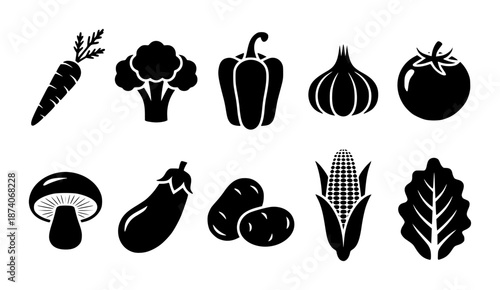 Collection of black silhouette representing various fresh vegetables and a mushroom a white background