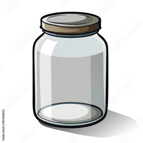 Empty glass jar with metal lid on white background
