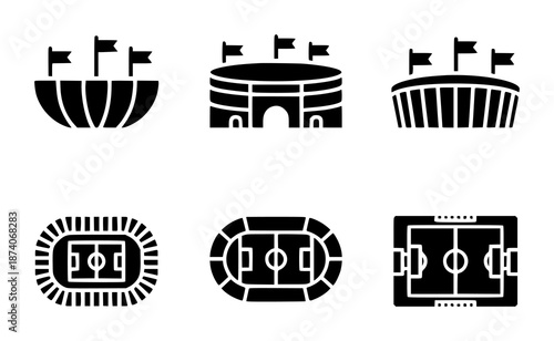 Collection of black stadium with flags and sports fields arena soccer