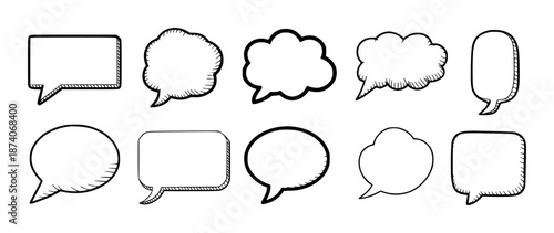Collection of hand drawn black and white speech bubbles and thought clouds in various shapes talk