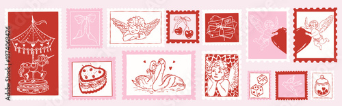 Vintage Valentine’s day stamp collection in red and pink tones. Hand-drawn cupid, hearts, swans, cake, gifts and romantic symbols. Perfect for love letters, cards, packaging and holiday designs.