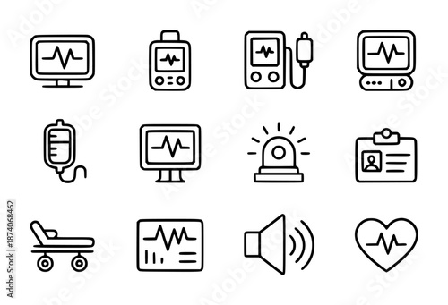 Collection of medical including heart monitor iv drip alarm siren speaker and patient trolley health