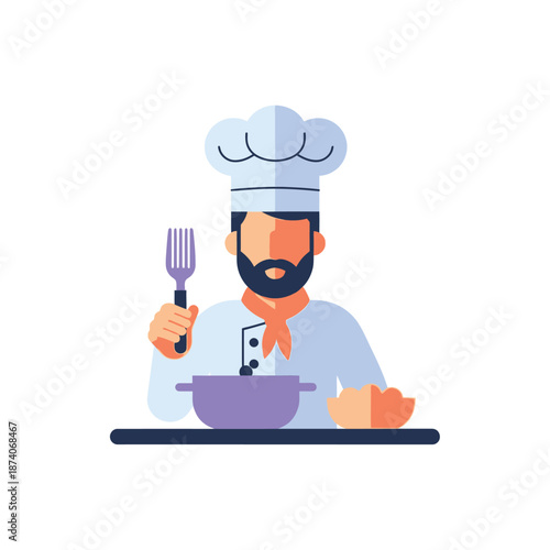 Chef preparing food in a kitchen with utensils.