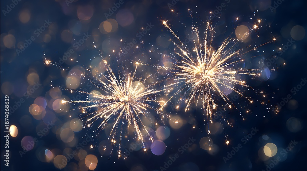 Fototapeta premium Golden fireworks exploding against a dark blue bokeh background, celebrating a special occasion