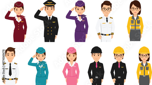 Professional Airline and Industrial Staff Character Set Including Pilots, Flight Attendants, and Engineers in Uniform.