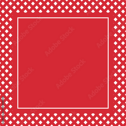Red and white diamond lattice background with a central white square frame. Festive geometric template with copy space for Christmas, picnic, or sale promotions.