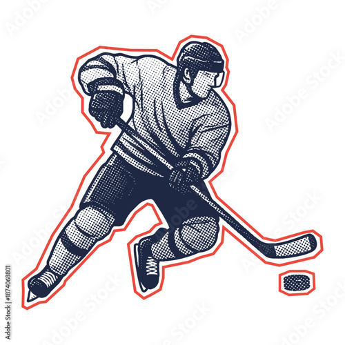 hockey player skating with a stick and puck in retro halftone stipple effect style