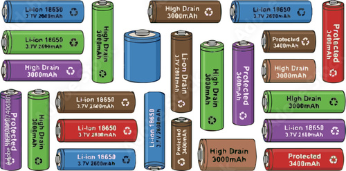 Create a kinds of deferent Rechargeable lithium ion batteries - li-ion cell batteries type 18650 vector art with white background..