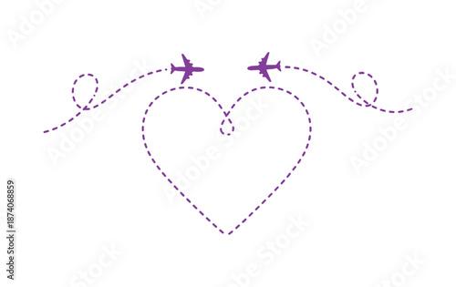 Enjoy the routes of airplanes. Love-filled travels, a dashed line resembling a heart following the plane's path. Isolated vector image.

