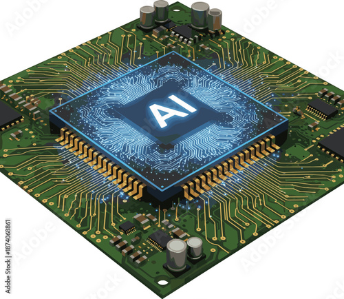 Create a AI chip on Circuit board, Central Computer Processor CPU concept, Computer microchip on motherboard - 3d rendering vector art with white background..
