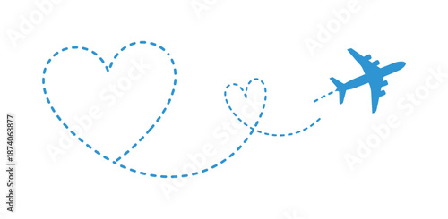 Treasure the airplane routes. Love-inspired travel, a dashed line shaped like a heart depicting the flight paths. Isolated vector artwork.