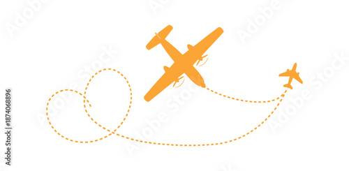 Cherish the airplane routes. Romantic travels, a dashed line in the shape of a heart tracing the flight paths. Isolated vector illustration.

