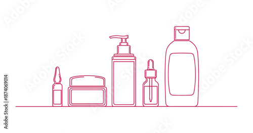 Cosmetic containers arranged in one line. It includes icons like ampoules, cream bottles, lotion, serum, and shampoo. The outline is a thin vector drawing.
