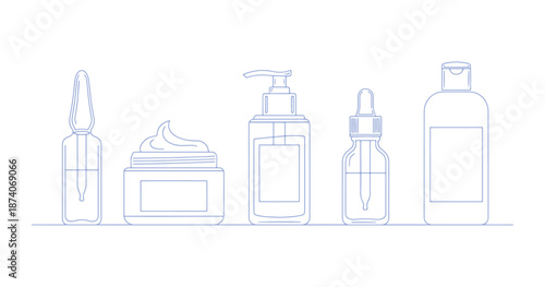 Cosmetic containers presented in a single line. This includes icons like ampoules, bottles for cream, lotion, serum, and shampoo. A thin vector drawing is outlined.
