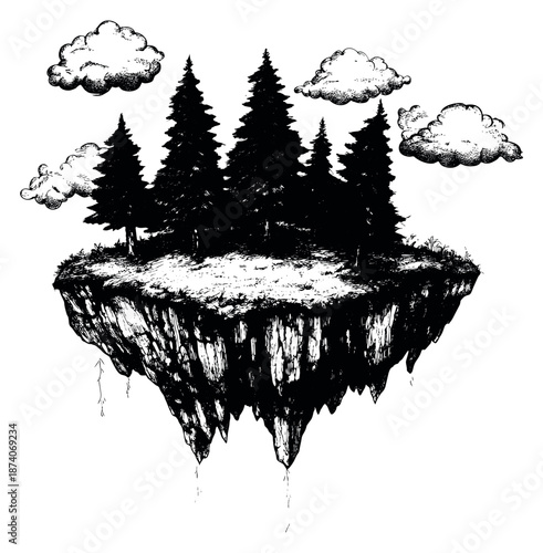 Hand drawn line art illustration of a floating island depicting pine trees and clouds for fantasy concepts