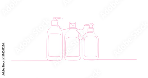 An uninterrupted one line illustration of a collection of cosmetic bottle packaging. This vector depiction features cosmetic bottles drawn in a single line. The vector can be edited.

