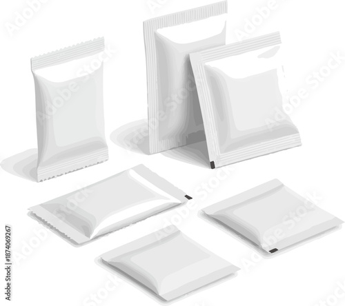 Create a kinds of deferent Blank white sachet packet isolated on white. Small pack sachet mockup. 3d rendering vector art with white background..