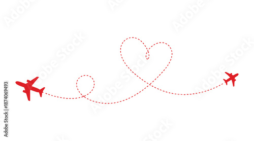 Air travel route line. A symbol representing travel, encapsulating the idea of a romantic journey, especially for Valentine's Day. Dashed flight trace.

