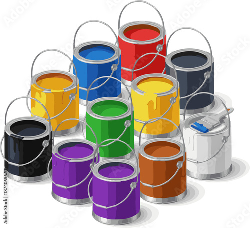Create a kinds of deferent Color paint cans - 3d rendering vector art with white background..