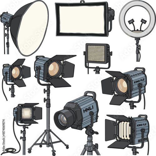 Create a kinds of deferent Professional studio light isolated with transparent background. Professional TV and cinema light vector art with white background..