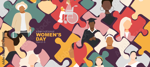 International Women's Day banner. March 8. Different women in puzzle pieces.