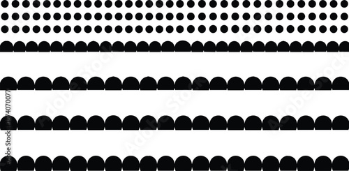 Minimalist Black Semicircle and Circular Dot Pattern Borders, Dividers, and Decorative Graphic Elements for Modern Web Design, Headers, Footers, and Textile Prints.