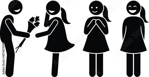 Man offers flowers to a woman as a romantic gesture, depicted by stick figures